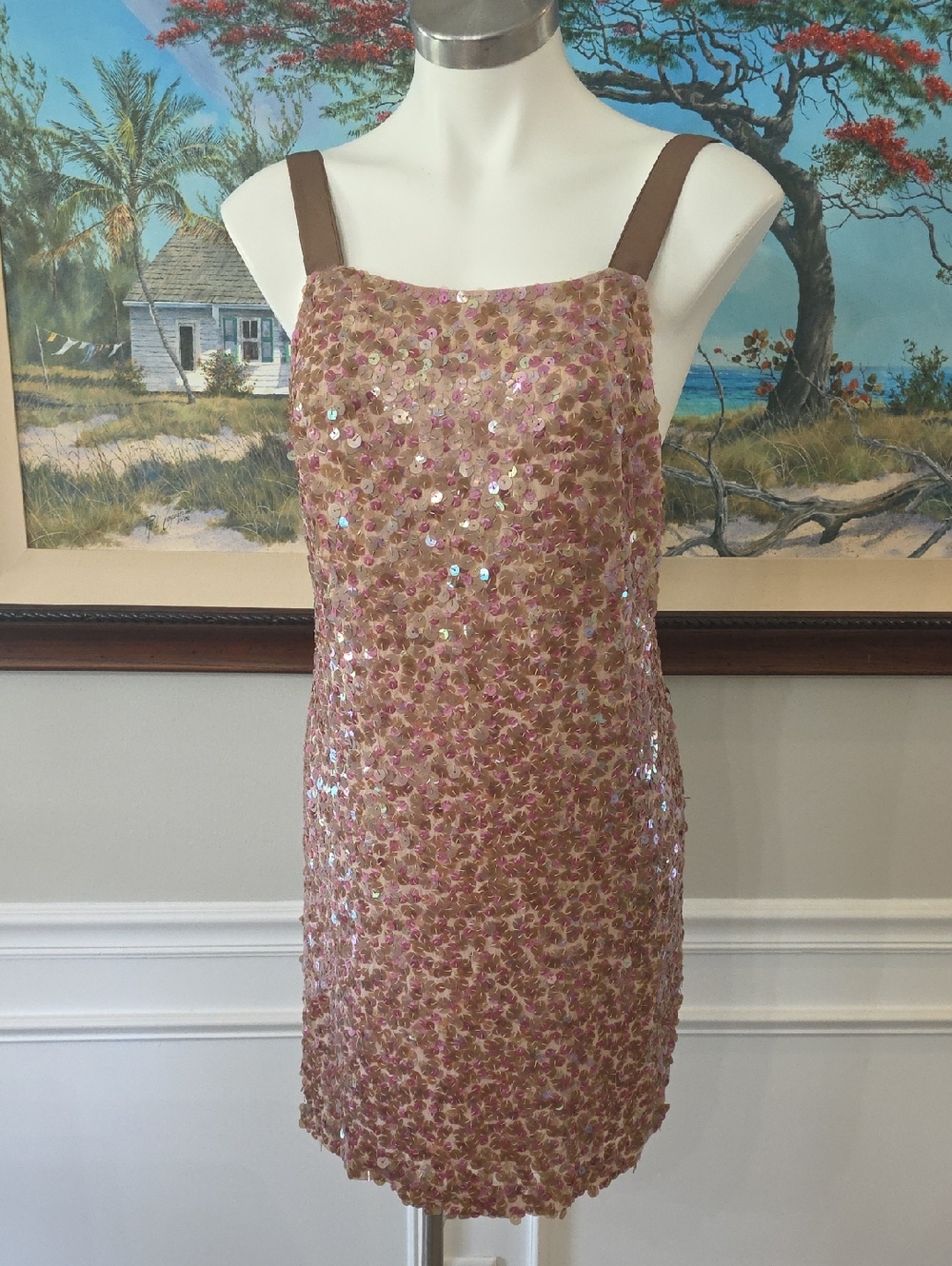 BCBGMaxAzria Rose Gold Sequin Mini Dress with Brown Straps